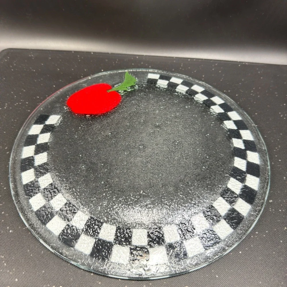 Peggy Karr Fused Glass Platter Black‎ White Checkerboard Apple Serving Tray 11